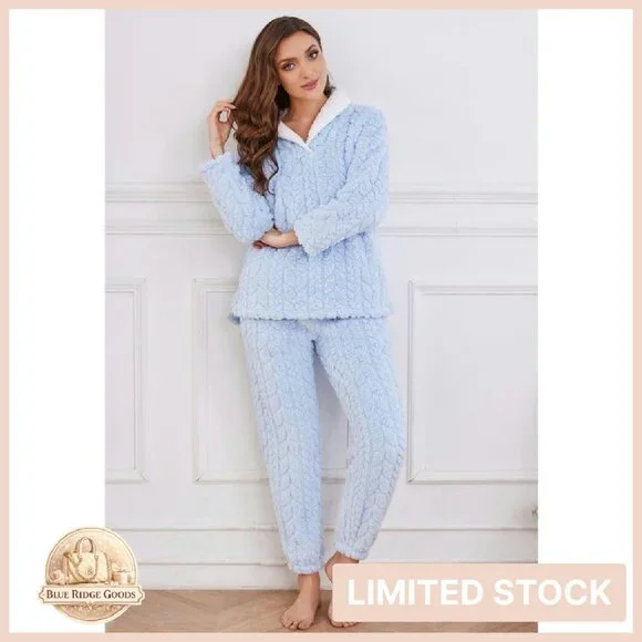 Fluffy Fleece Pajama Set Soft Plush Sleepwear Winter Loungewear Cozy Chic